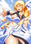  1girl angel_wings astraea blonde_hair blush closed_eyes highres midriff navel open_mouth outstretched_arms smile solo sora_no_otoshimono spread_arms wings yamaneko_ken 