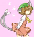  1girl animal_ears arms_behind_back bow brown_hair cat_ears cat_tail chen ellipsis_(mitei) juliet_sleeves long_sleeves looking_at_viewer mob_cap multiple_tails orange_eyes paw_print pink_background puffy_sleeves rough short_hair simple_background skirt skirt_set smile solo tail touhou 