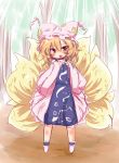  1girl blonde_hair blush dress forest fox_tail hands_on_own_chest hat hat_with_ears long_sleeves looking_at_viewer multiple_tails muuba nature open_mouth pink_dress solo tabard tail touhou wide_sleeves yakumo_ran yellow_eyes young 