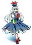  1girl ankle_socks blue_hair book dress hand_in_hair hat kamishirasawa_keine long_hair looking_at_viewer nakukoroni puffy_short_sleeves puffy_sleeves red_eyes ribbon shadow short_sleeves simple_background smile solo touhou very_long_hair white_background 
