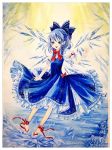  1girl ankle_cuffs bare_tree blue_hair bow chirarizushi cirno dress flower frilled_dress frills hair_bow ice ice_wings looking_at_viewer open_mouth pointy_ears puffy_short_sleeves puffy_sleeves raised_hand rose shards short_hair short_sleeves skirt_hold solo sparkle sunbeam sunlight touhou traditional_media tree watercolor_(medium) wings wrist_cuffs yellow_eyes 