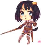  1girl armor belt black_hair blue_eyes chibi dog_tail hair_ornament majo_to_hyakkihei scabbard sheath simple_background solo sword tail thighhighs weapon zettai_ryouiki 