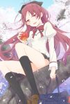  1girl apple atea blush bow cherry_blossoms food fruit hair_bow long_hair looking_at_viewer mahou_shoujo_madoka_magica open_mouth ponytail red_eyes redhead sakura_kyouko school_uniform sitting skirt socks solo tree 