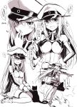  1girl animal_ears bismarck_(kantai_collection) blush breasts cat_ears detached_sleeves hat highres kantai_collection large_breasts long_hair looking_at_viewer military military_hat military_uniform monochrome oota_yuuichi open_mouth peaked_cap personification smile solo thigh-highs translation_request uniform 