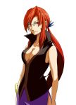  1girl bracelet breasts cleavage glasses jewelry kanna_(pokemon) pokemon ponytail red_eyes redhead skirt smile solo white_background yurisari 