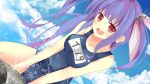  1girl blush breasts clouds hair_ribbon i-19_(kantai_collection) kantai_collection long_hair looking_at_viewer open_mouth personification purple_hair red_eyes ribbon school_swimsuit sky solo swimsuit youkan_(mattya_youkan) 