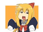  +tic_nee-san 1girl blonde_hair genma_iroe hat long_hair open_mouth orange_background oversized_clothes rararanago ribbon school_uniform simple_background solo tongue tongue_out 