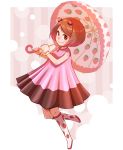  1girl apollo_chocolate brown_eyes brown_hair dress food_as_clothes food_themed_clothes gloves hairband highres kneehighs personification short_hair smile solo strawberry_print toshi_punk umbrella 