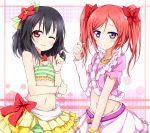  2girls alternate_hairstyle black_hair blush bow bracelet flower hair_bow hair_flower hair_ornament hairstyle_switch hand_in_hair jewelry karamoneeze looking_at_viewer love_live!_school_idol_project midriff multiple_girls navel nishikino_maki panties pantyshot red_eyes redhead shirt skirt smile striped striped_panties twintails underwear violet_eyes wink yazawa_nico 