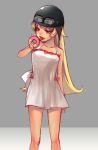  1girl bakemonogatari blonde_hair doughnut dress eating fangs goggles_on_hat grey_background helmet highres iunnex long_hair monogatari_(series) open_mouth oshino_shinobu red_eyes solo standing 