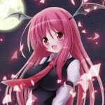  1girl bat_wings blush breasts fang full_moon head_wings impossible_clothes koakuma large_breasts long_hair moon necktie open_mouth osashin_(osada) red_eyes redhead smile solo touhou vest wings 