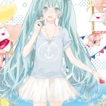  1girl blue_eyes blue_hair hatsune_miku jewelry letter lowres necklace open_mouth skirt solo t-shirt vocaloid yua_(tick-tack) 