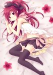  1girl alternate_costume amane_kurumi bed_sheet black_legwear blush bow flower hair_bow long_hair looking_at_viewer lying mahou_shoujo_madoka_magica navel ponytail red_eyes redhead ribbon sakura_kyouko skirt thighhighs 