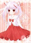  1girl alternate_costume alternate_hairstyle arms_behind_back blush bow dated doily dress ena_(ena228) fujiwara_no_mokou hair_bow happy_birthday heart heart-shaped_pupils highres hime_cut long_sleeves looking_at_viewer red_eyes silver_hair smile solo striped striped_background symbol-shaped_pupils touhou twintails 