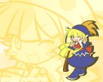  1girl ;d blonde_hair blue_dress blue_eyes blush_stickers boots bow broom dress hat long_hair madou_monogatari official_style open_mouth puyopuyo smile solo wink witch_(puyopuyo) y&amp;k yellow_background zoom_layer 