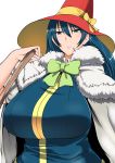  1girl are_(arearee) blue_eyes blue_hair breasts hat highres huge_breasts kagari_ayaka lips simple_background solo white_background witch_craft_works witch_hat 