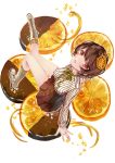  1girl boots brown_hair chocolate food food_as_clothes food_themed_clothes from_above fruit hair_ornament knee_boots mikuni_(mikunik) open_mouth orange orangette pleated_skirt red_eyes short_hair skirt solo 