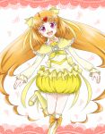  1girl :d boots bow brooch brown_hair bubble_skirt choker circlet cure_muse_(yellow) earrings frills hair_bow heart hiranotch jewelry knee_boots long_hair magical_girl open_mouth pink_eyes precure shirabe_ako skirt smile solo standing_on_one_leg suite_precure yellow_skirt 