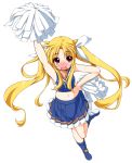  1girl armpits bare_shoulders blonde_hair blush cheerleader fate_testarossa hair_ribbon hand_on_hip kanzaki_sora long_hair lyrical_nanoha mahou_shoujo_lyrical_nanoha_innocent midriff navel open_mouth pom_poms red_eyes ribbon solo twintails very_long_hair white_background 