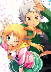  1boy 1girl blonde_hair blue_eyes brown_eyes fukuhara_ann grey_hair highres hoodie long_hair nishina_kazuki pretty_rhythm pretty_rhythm_rainbow_live short_hair side_ponytail take_no_ko wink 