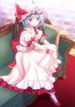  1girl arm_rest ascot bat_wings blue_hair bow checkered checkered_floor couch hat hat_ribbon high_heels highres ina_(inadahime) leg_up light_smile looking_at_viewer mob_cap pillow puffy_short_sleeves puffy_sleeves red_carpet red_eyes remilia_scarlet ribbon short_hair short_sleeves sitting skirt skirt_set solo touhou wings wrist_cuffs 