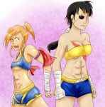  2girls abs adon black_hair breasts eyepatch female genderswap high_ponytail highres multiple_girls orange_hair ponytail sagat scar shorts sports_bra street_fighter tubetop under_boob wrist_wraps 