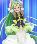  1girl armpits arms_up blue_background glasses green_eyes green_hair green_haired_cure_(wonderful_net_precure)_(happinesscharge_precure!) happinesscharge_precure! haruyama_kazunori heart long_hair magical_girl open_mouth precure solo very_long_hair 