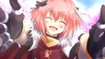  1boy ^_^ bow cape cherry_blossoms closed_eyes fang fate/apocrypha fate_(series) fur_trim gauntlets hair_bow highres male open_mouth petals pink_hair reaching rider_of_black smile tree 