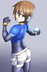  1girl aile brown_hair from_behind green_eyes looking_at_viewer looking_back meian open_mouth rockman rockman_zx short_hair solo 
