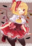  +_+ 1girl black_legwear blonde_hair blush bow flandre_scarlet hair_bow highres kawachi_rin open_mouth red_eyes short_sleeves side_ponytail smile solo thigh-highs touhou wings wink 