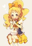  +_+ 1girl blonde_hair boots bow bowl bowtie brooch chopsticks cure_honey ebo food hair_bow hands_together happinesscharge_precure! jewelry knee_boots long_hair magical_girl oomori_yuuko precure sitting skirt smile solo tamagokake_gohan white_background yellow_eyes yellow_skirt 