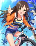  1girl artist_request bicycle blush brown_hair green_eyes hairclip himekawa_yuki idolmaster idolmaster_cinderella_girls long_hair official_art open_mouth shorts sky smile solo 