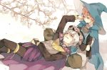  2boys ^_^ black_gloves branch bridal_gauntlets closed_eyes fire_emblem fire_emblem:_kakusei flower gloves hat head_wreath henry_(fire_emblem) highres indian_style lap_pillow lying male mellyface multiple_boys on_back petals redhead richt_(fire_emblem) sitting smile white_hair wizard_hat 