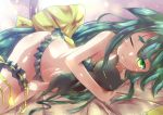  1girl bare_shoulders between_legs bikini black_bikini blush bow cat frilled_bikini frills gatchaman_crowds green_eyes green_hair hair_bow hand_between_legs leg_garter long_hair navel solo swimsuit utsutsu very_long_hair waruwarutsu wince 