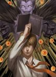  2boys blank_eyes book brown_eyes brown_hair bust death_note dress_shirt evil_grin evil_smile expressionless grin holding holding_book looking_at_viewer male multiple_boys necktie painterly photoshop purple_skin realistic ryuk shirt smile wind xiongmaotao yagami_light 