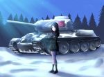  1girl black_hair black_legwear blue_eyes crossed_arms girls_und_panzer jacket loafers long_hair long_sleeves looking_at_viewer military military_vehicle miniskirt miro_(mmmyyyy) night night_sky nonna outdoors pleated_skirt shoes skirt sky snow socks solo standing star_(sky) t-34 tank tree vehicle 