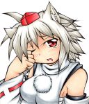  1girl absurdres animal_ears bare_shoulders blush breasts detached_sleeves fang hat highres inte_(whitewolftail) inubashiri_momiji looking_at_viewer open_mouth pom_pom_(clothes) red_eyes sarashi short_hair silver_hair simple_background solo tears tokin_hat touhou white_background wink wolf_ears 