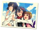  3girls black_hair blue_eyes brown_eyes brown_hair circus66 hug kill_la_kill kiryuuin_satsuki mankanshoku_mako matoi_ryuuko multiple_girls open_mouth scarf short_hair smile spoilers wink 