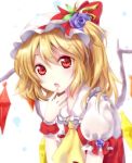  1girl arm_ribbon ascot backlighting blonde_hair dress flandre_scarlet flower hand_to_own_mouth hat hat_flower hat_removed headwear_removed looking_at_viewer open_mouth puffy_sleeves purple_rose red_dress red_eyes riichu rose shirt short_sleeves side_ponytail solo touhou wings wrist_cuffs 