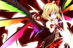  1girl alternate_costume alternate_wings bare_shoulders blonde_hair bow byoubyou collarbone eyeball flandre_scarlet hair_bow looking_at_viewer red_eyes shirt side_ponytail skirt smile solo strapless touhou wings 