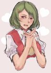  1girl ascot blouse bust green_hair hair_ornament hairclip hands_clasped heart interlocked_fingers kageyosi kazami_yuuka looking_at_viewer open_mouth red_eyes rough solo touhou vest 