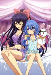  2girls absurdres bed black_hair blue_eyes blue_hair bow breasts cleavage closed_eyes date_a_live eyepatch hair_bow highres legs long_hair multiple_girls nyantype official_art pajamas ponytail stuffed_animal stuffed_toy yatogami_tooka yoshino_(date_a_live) 