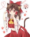  1girl animal_ears ascot bare_shoulders bow brown_hair cat_ears cat_tail detached_sleeves fang hair_bow hair_tubes hakurei_reimu haruki_5050 heart heart_of_string kemonomimi_mode midriff navel nontraditional_miko paw_pose paw_print red_eyes shirt skirt solo tail touhou wide_sleeves 