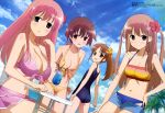  4girls absurdres atarashi_ako bikini blue_eyes breasts brown_hair cleavage clouds drink flower hair_flower hair_ornament hand_on_hip haramura_nodoka highres long_hair looking_back megami miyanaga_saki multiple_girls official_art open_mouth pink_hair ponytail red_eyes saki school_swimsuit short_hair side-tie_bikini sky swimsuit takakamo_shizuno 