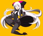  1girl black_legwear bodysuit breasts dress electro_alice headgear high_heels ken_(koala) long_hair neon_trim open_mouth orange_background original panties pink_eyes simple_background smile solo underwear very_long_hair white_hair white_skin 