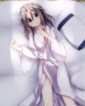  1girl amano_kouki bed blush brown_eyes brown_hair collarbone highres japanese_clothes jewelry kantai_collection kimono long_hair long_sleeves looking_at_viewer lying on_back on_bed personification pillow ring sash smile solo wide_sleeves yukata zuihou_(kantai_collection) 
