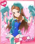  1girl artist_request bracelet brown_eyes brown_hair character_name idolmaster idolmaster_million_live! jewelry long_hair minase_iori official_art pink_background tagme 