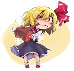  1girl ankle_socks ascot blonde_hair boned_meat eating food food_in_mouth food_on_face hair_ribbon meat red_eyes ribbon rumia shinapuu short_hair simple_background skirt skirt_set smile solo steam touhou wink yellow_background 