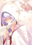  108_gou 1girl admiral_(kantai_collection) cherry_blossoms crying gloves happy_tears highres japanese_clothes jewelry kantai_collection kimono long_hair ring shoukaku_(kantai_collection) solo_focus tears wedding wedding_ring white_hair yellow_eyes 