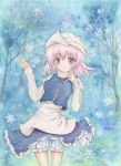  1girl :o apron bare_tree bloomers blue_background blue_eyes cerenity forest hand_on_own_chest hat high_collar lavender_hair leaning_back letty_whiterock long_sleeves looking_at_viewer nature pin raised_hand short_hair skirt skirt_set snowflakes solo touhou traditional_media tree underwear waist_apron watercolor_(medium) wind 